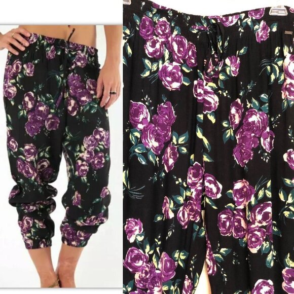 Volcom Women's Purple Summer Casual Defiant One Floral Print Harem Pants  M L - Picture 1 of 12